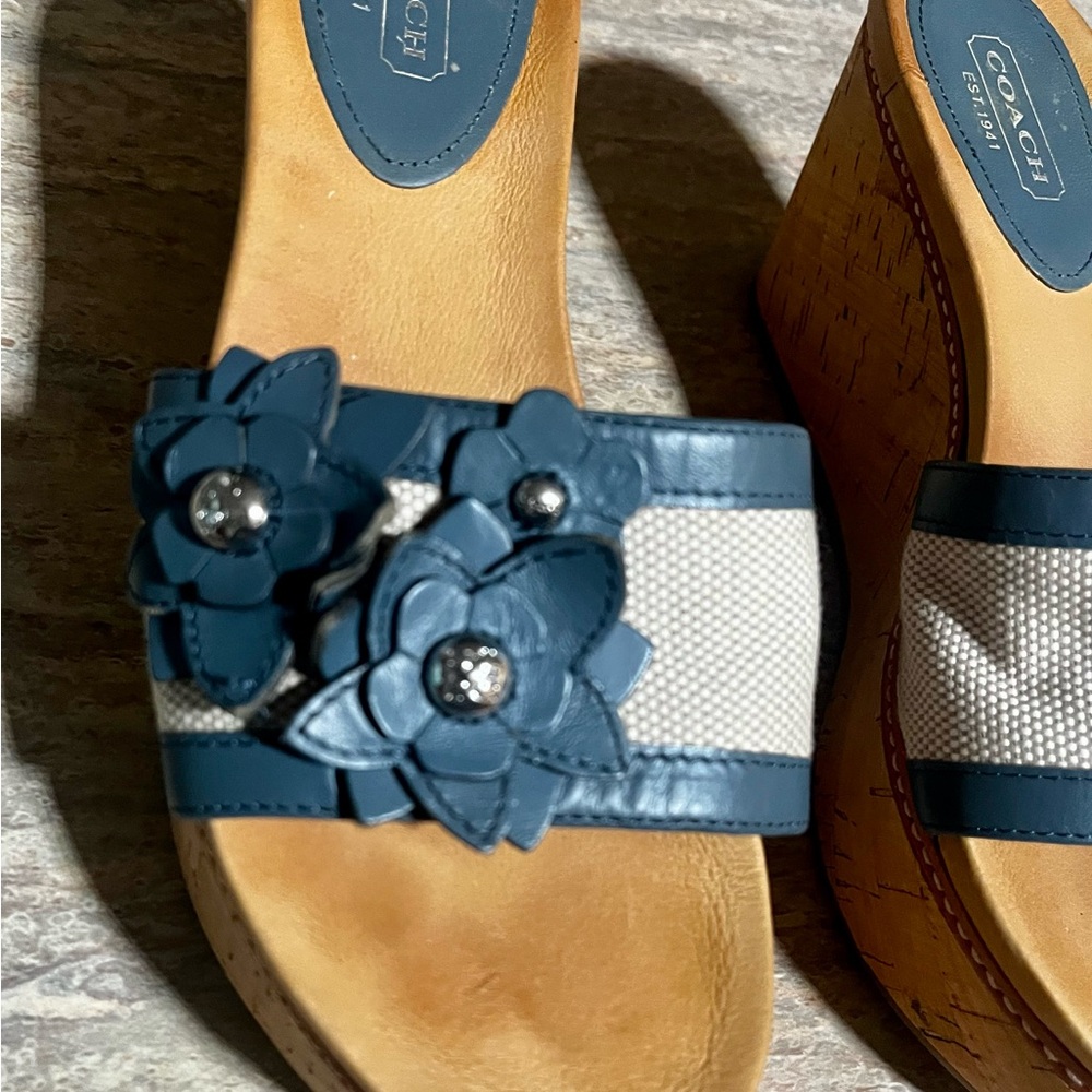 Coach JESACA Blue and Beige Wedge Sandals with Fliral Accents - Picture 7 of 16